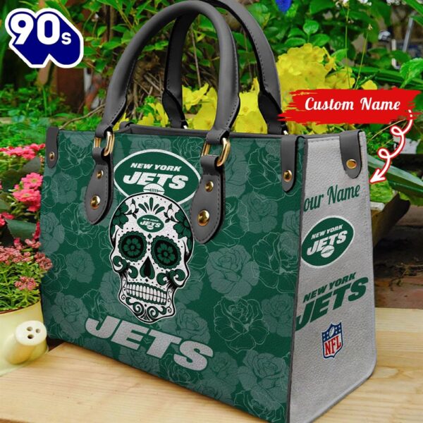 New York Jets NFL Team Sugar Skull Women Leather Hand Bag