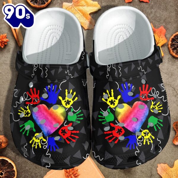 Autism Awareness Colorful Hand With Heart Love Be Kind Clog Personalize Name