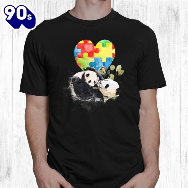 Autism Awareness Mommy Panda Bear With Baby Puzzle Heart Shirt