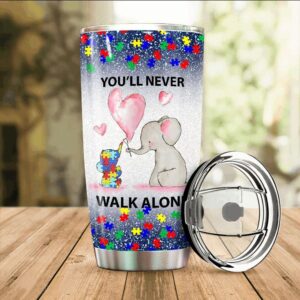Autism Mom Tumbler Idea Youll Never Wall Alone Mom And Son Autism Awareness Puzzle Elephant 1