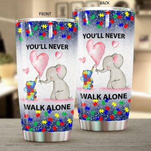 Autism Mom Tumbler Idea Youll Never Wall Alone Mom And Son Autism Awareness Puzzle Elephant 2