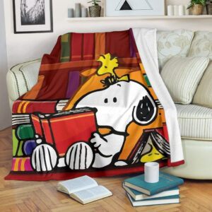 Bookworm Snoopy And Woodstock For Book Lovers Fleece Blanket, Premium Comfy Sofa Throw Blanket Gift Mother Day Gift