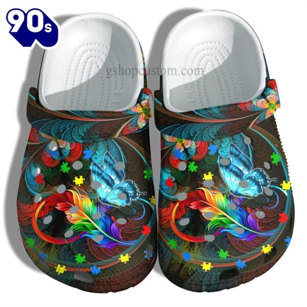 Butterfly Memory Rainbow Feather Shoes – Butterfly Autism Awareness Puzzel Shoes Gifts Mother Day Personalized Clogs