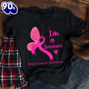 Butterfly Ribbon Pink Im A Survivor Breast Cancer Awareness Shirt 1