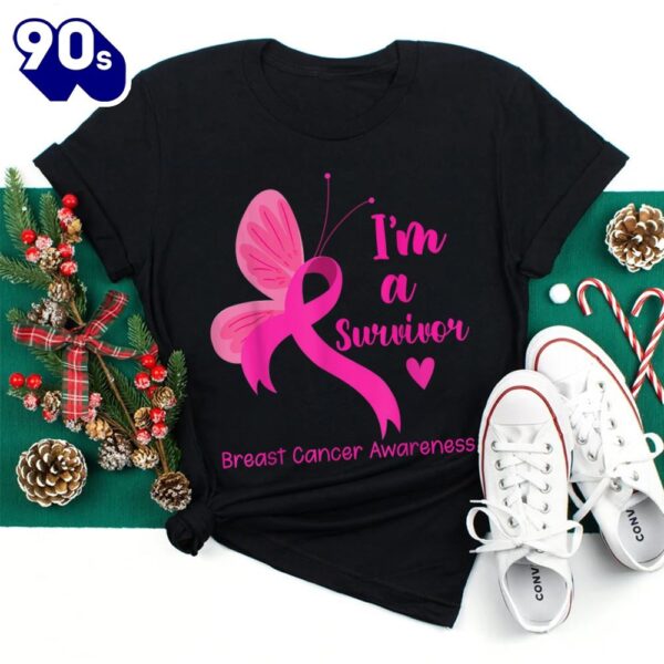 Butterfly Ribbon Pink I’m A Survivor Breast Cancer Awareness Shirt