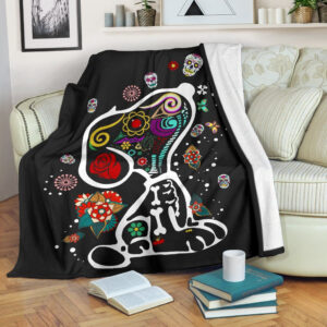 Colorful Snoopy And Skull Brocade Motifs Fleece Blanket, Premium Comfy Sofa Throw Blanket Gift Mother Day Gift