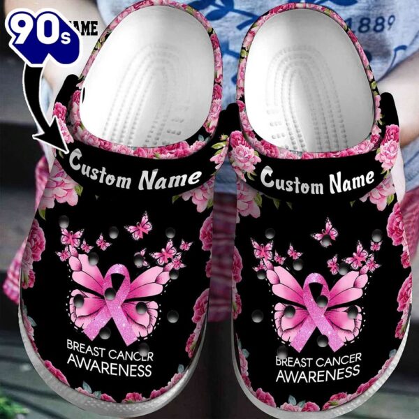 Custom Name Black Pink Ribbon Butterfly Breast Cancer Awareness Shoes Personalized Clogs