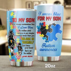 Flagwix Mom To Son I Wear Blue For My Son Austism Awareness Stainless Steel Tumbler 1