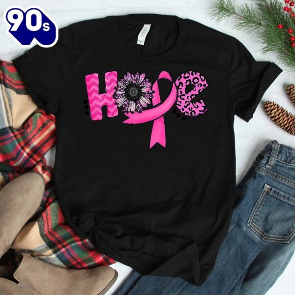 Hope Pink Ribbon Leopard Sunflower Breast Cancer Awareness Shirt