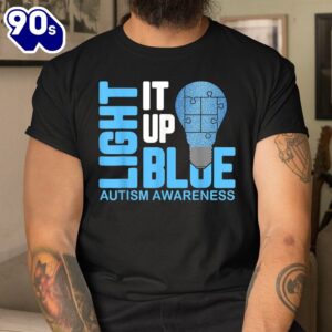 Light It Up Blue Autism Awareness Puzzle Piece Ribbon Shirt 2