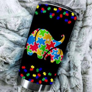 Mom Baby Elephant World Autism Awareness Puzzle pieces Tumbler Idea 2