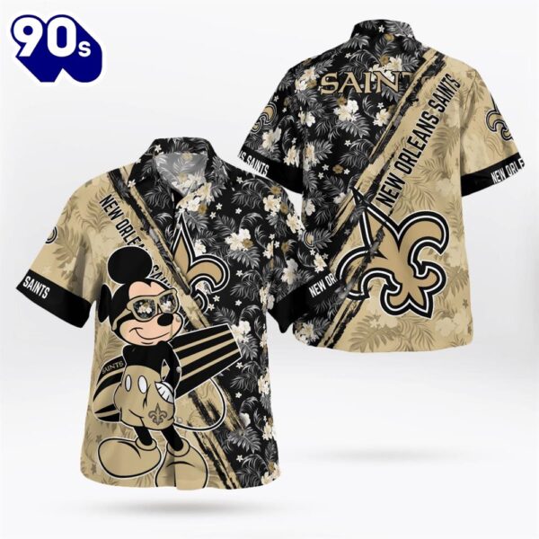 New Orleans Saints Mickey Mouse Floral Short Sleeve Hawaii Shirt
