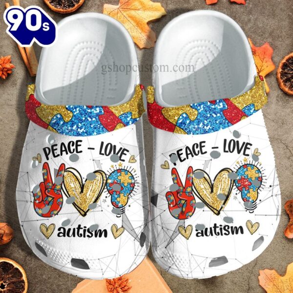 Peace Love Autism Light Puzzel Autism Awareness Be Kind Clog Personalize Name
