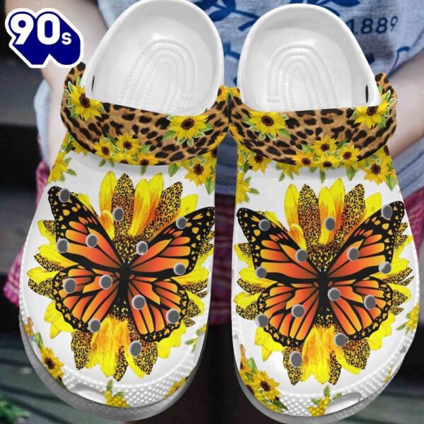 Pretty Sunflower Butterfly Breast Cancer Awareness Clog Personalize Name