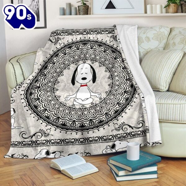 Snoopy Doing Yoga Brocade Motifs Fleece Blanket, Premium Comfy Sofa Throw Blanket Gift Mother Day Gift