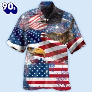 4th Of July America 4th Of July America Eagle Freedom Aloha Button Up  Hawaiian Shirt
