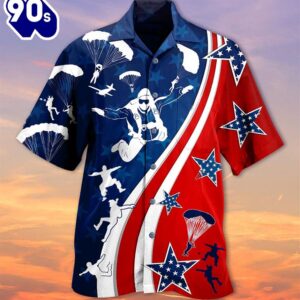 4th Of July America Parachute Jump Cool Aloha Button Up  Hawaiian Shirt