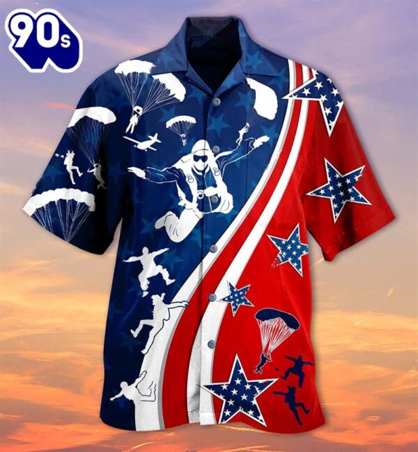 4th Of July America Parachute Jump Cool Aloha Button Up  Hawaiian Shirt