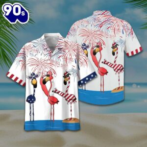 4th Of July Flamingo  Button Up  Summer Beach Flamingo Aloha  Hawaiian Shirt