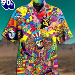 4th Of July Hippie America Colorfull Style Aloha Button Up  Hawaiian Shirt