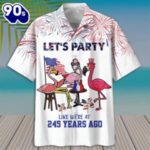 4th Of July Let’s Party Flamingo American Flag  Button Up  Summer Beach Flamingo Aloha  Hawaiian Shirt