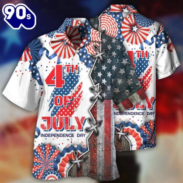 4th Of July Patriotic American Flags Pattern Aloha  Beach Summer Graphic Prints Button Up Hawaiian Shirt