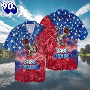 4th Of July USA Flag Bass Fishing Patriotic Casual Button Up Aloha  Hawaiian Shirt