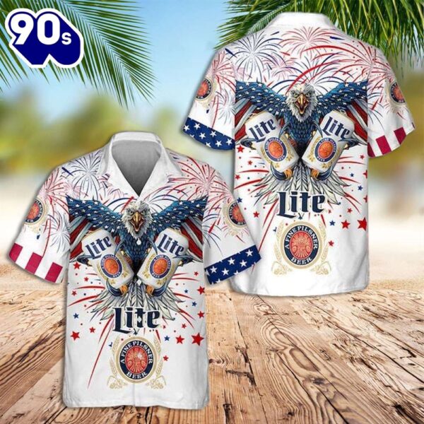 4th Of July USA Flag Eagle Miller Lite Patriotic Casual Button Up Aloha  Hawaiian Shirt
