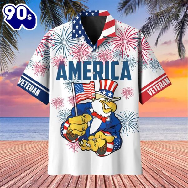 4th Of July USA Flag Eagle Veteran Patriotic Casual Button Up Aloha  Hawaiian Shirt