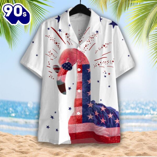 4th Of July USA Flag Flamingo  Button Up  Summer Beach Flamingo Aloha  Hawaiian Shirt