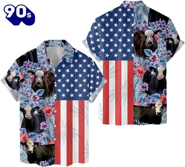 4th Of July USA Flag Hereford Tropical Cow Patriotic Casual Button Up Aloha  Hawaiian Shirt