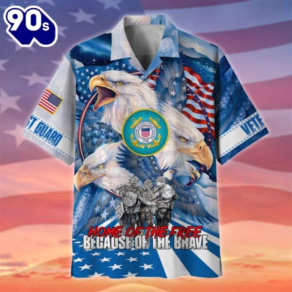 4th Of July USA Flag Home Of The Free Coast Guard Patriotic Casual Button Up Aloha  Hawaiian Shirt