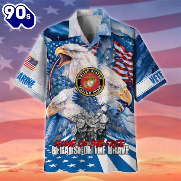 4th Of July USA Flag Home Of The Free Marine Patriotic Casual Button Up Aloha  Hawaiian Shirt
