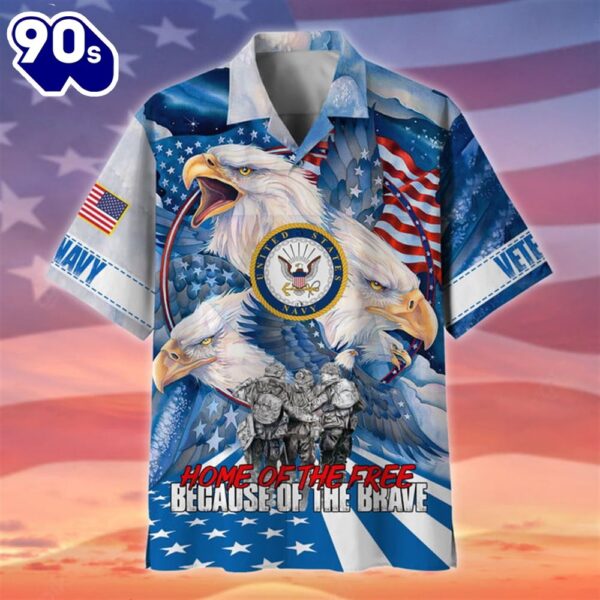 4th Of July USA Flag Home Of The Free Navy Patriotic Casual Button Up Aloha  Hawaiian Shirt