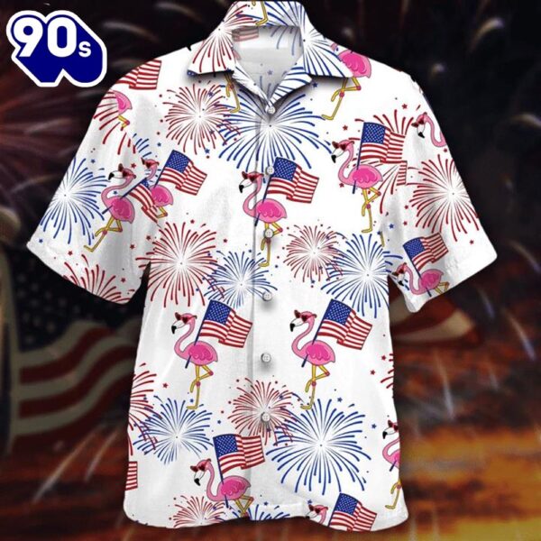 4th Of July USA Flag Red And Blue Firework Flamingo  Button Up  Summer Beach Flamingo Aloha  Hawaiian Shirt