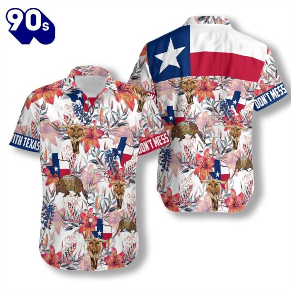 4th Of July USA Flag Texas Longhorn Bluebonnet And Armadillo Patriotic Casual Button Up Aloha  Hawaiian Shirt
