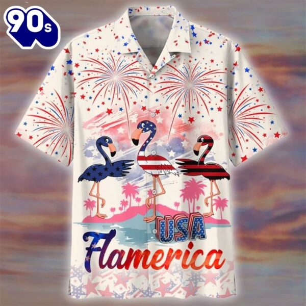 4th Of July Usa Flamerica Flamingo  Button Up  Summer Beach Flamingo Aloha  Hawaiian Shirt