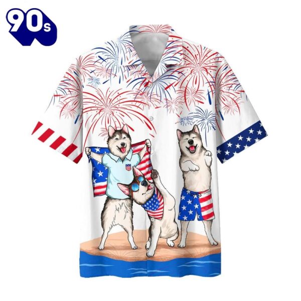 Alaska Dogs 4th Of July Patriotic American Flags Aloha  Beach Summer Graphic Prints Button Up Hawaiian Shirt
