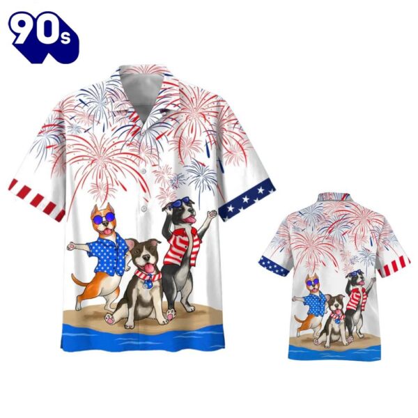 American Staffordshire Terrier 4th Of July Patriotic American Flags Aloha  Beach Summer Graphic Prints Button Up Hawaiian Shirt