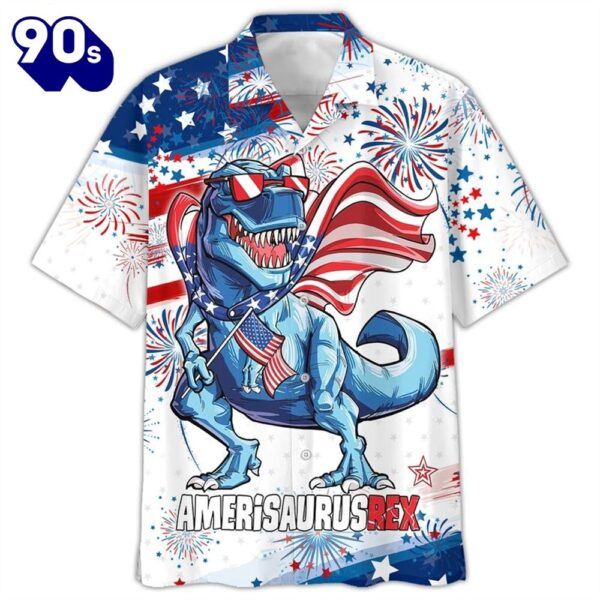 Amerisaurusrex 4th Of July Patriotic American Flags Aloha  Beach Summer Graphic Prints Button Up Hawaiian Shirt