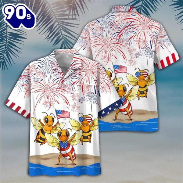 Bee 4th Of July Patriotic American Flags Aloha  Beach Summer Graphic Prints Button Up Hawaiian Shirt
