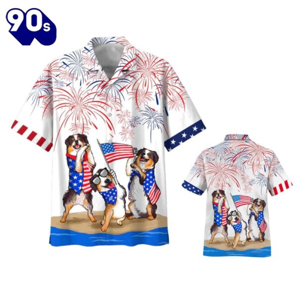 Bernese Mountain Dogs 4th Of July Patriotic American Flags Aloha  Beach Summer Graphic Prints Button Up Hawaiian Shirt