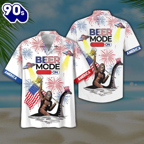Bigfoot Beer Mode On 4th Of July Patriotic American Flags Aloha  Beach Summer Graphic Prints Button Up Hawaiian Shirt