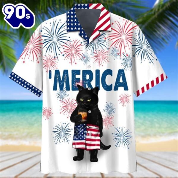 Black Cat 4th Of July Patriotic American Flags Aloha  Beach Summer Graphic Prints Button Up Hawaiian Shirt