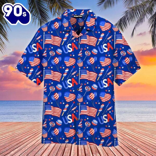 Blue 4th Of July Patriotic American Flags Aloha  Beach Summer Graphic Prints Button Up Hawaiian Shirt