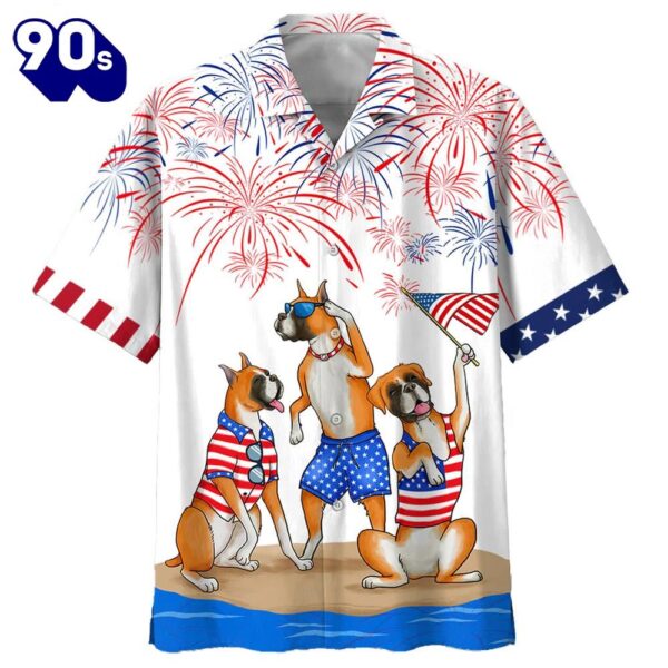 Boxer Dog 4th Of July Patriotic American Flags Aloha  Beach Summer Graphic Prints Button Up Hawaiian Shirt
