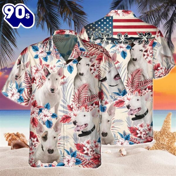 Bull Terrier 4th Of July Patriotic American Flags Aloha  Beach Summer Graphic Prints Button Up Hawaiian Shirt