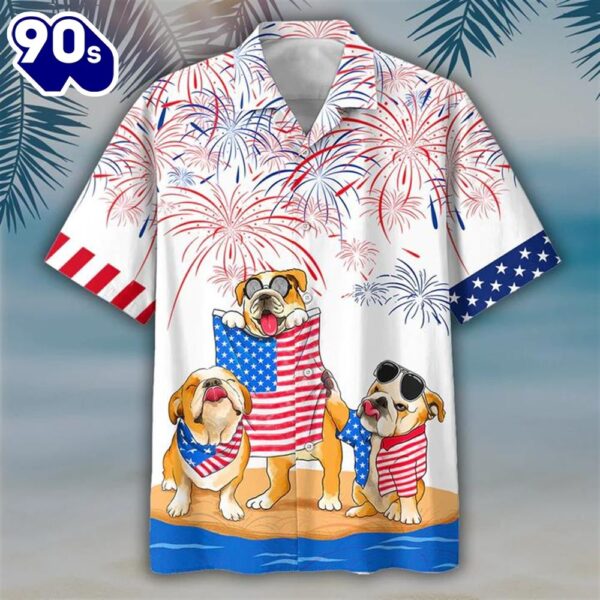 Bulldog 4th Of July Patriotic American Flags Aloha  Beach Summer Graphic Prints Button Up Hawaiian Shirt