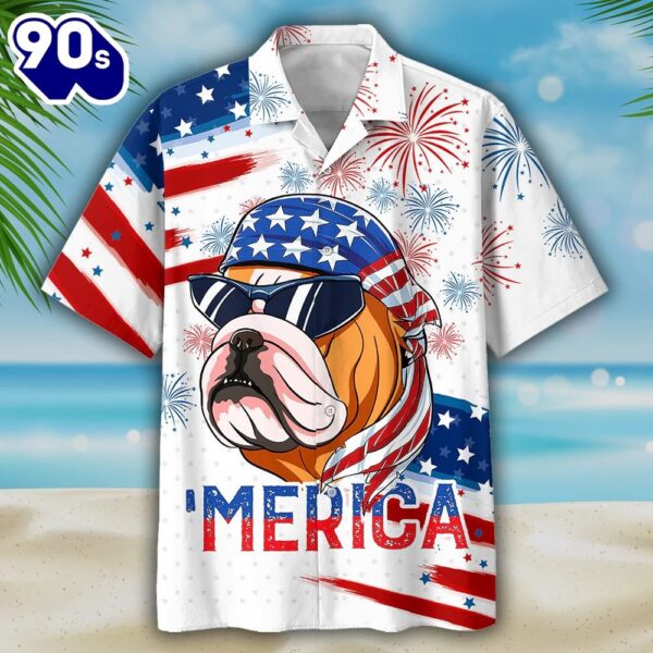 Bulldog Merica 4th Of July Patriotic American Flags Aloha  Beach Summer Graphic Prints Button Up Hawaiian Shirt