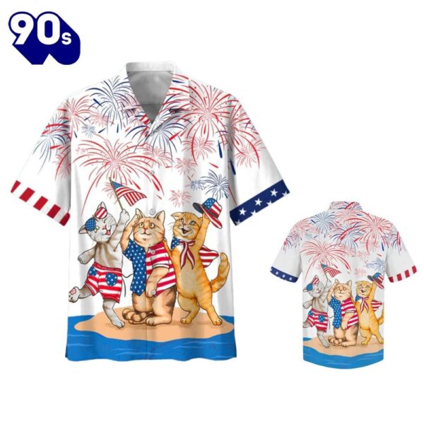 Cats 4th Of July Patriotic American Flags Aloha  Beach Summer Graphic Prints Button Up Hawaiian Shirt